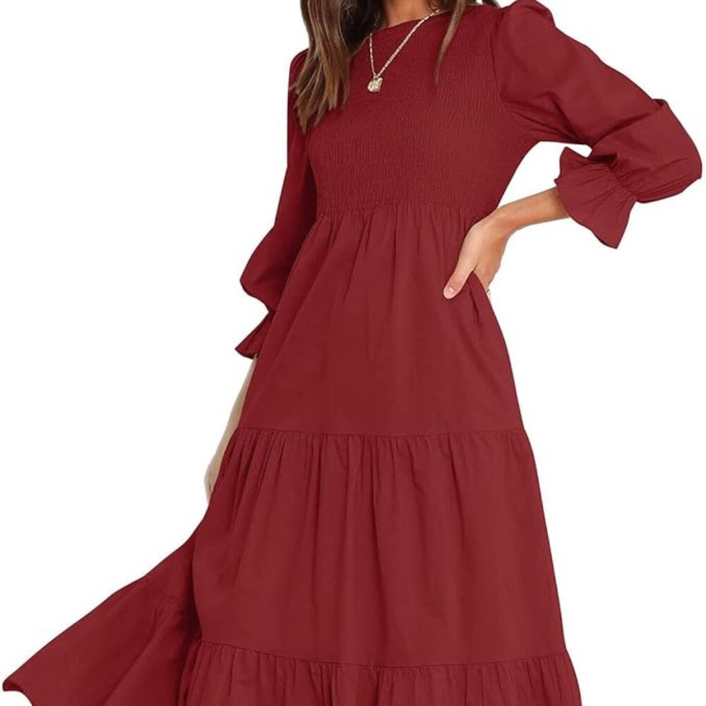 BTFBM Long Sleeve Crew Neck Tiered Midi Dress (Solid Red, Size Small)